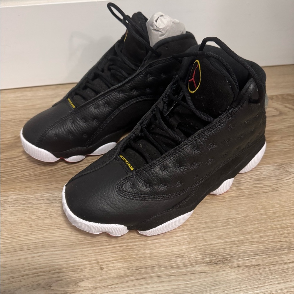 Jordan 13 Kids Sneakers Black with White and Yellow Accents